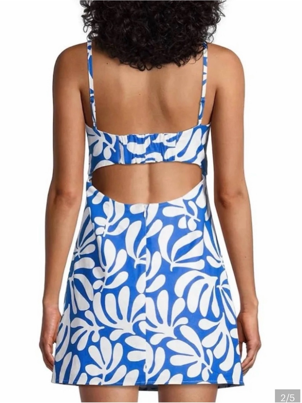Solid & Striped Elodie Leaf Print Cotton Cutout Open Back Mini Dress Blue Size L - Picture 2 of 5